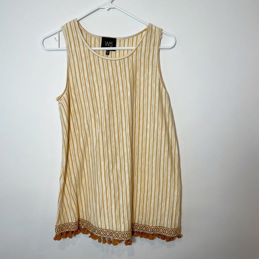 W5 Womens Sleeveless Tasseled Striped Tunic Top‎ Yellow S Embroidered Bohemian